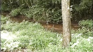 Young stud and a big-titted transgender princess nail their bums outside in many ways