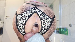 I penetrate my own culo in a leopard g-string, man meat and buttfuck cork in the bum at the same time, tat and gli