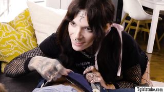 Tattooed TS Amy Nosferatu gets bareback fucked