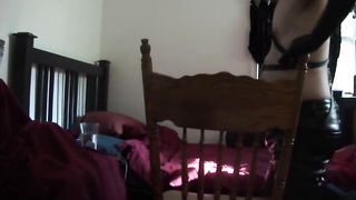 FTM in leather and spandex with Bad Dragon rope-on gropes himself