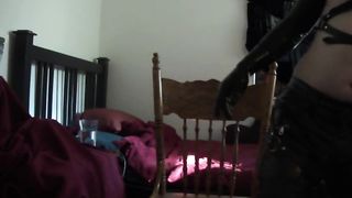 FTM in leather and spandex with Bad Dragon rope-on gropes himself