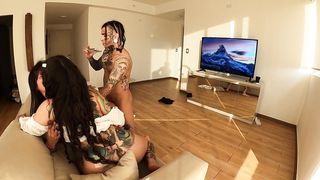 I plumbed the trans female and her step-sister in the living apartment while their parents see television