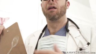 Bearded doctor receives ass piercing from big boob shemale Kasey Kei