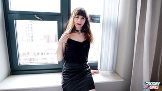 GROOBYGIRLS - Adorable Tgirl with shoes strokes her XXL trouser snake