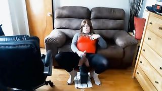 Gurl sits on machine manmeat