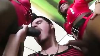 Caramel she-males screw fellow with monster meatpipes