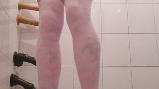 Sissy in butterfly top railing a faux-cock