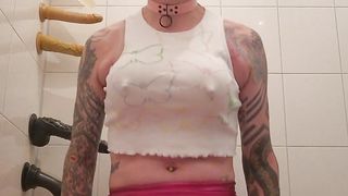 Sissy in butterfly top railing a faux-cock