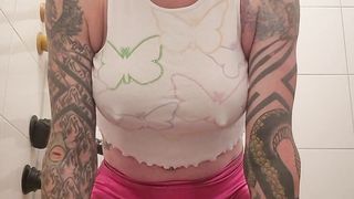 Sissy in butterfly top railing a faux-cock