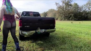 Huge Faux Mounds Crossdresser bikini carwash