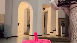 Cross dresser finishes off railing big seat mounted magic wand