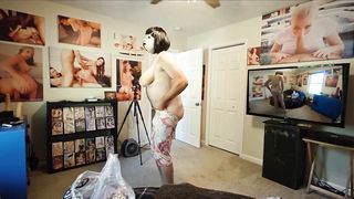 Enormous juicy faux bumpers crossdresser attempting on a shipment of womens clothes uncircumcised rod wank off