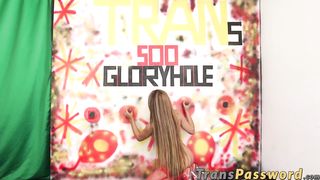 Trans beauty feels her titties up and sucks glory hole style