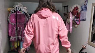 Pinkish vinyl Sissy Bonnet Sundress, Gasmask Joy with Sighing bag and Bottle