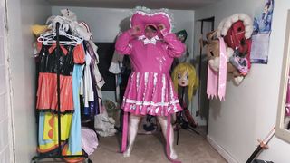 Pinkish vinyl Sissy Bonnet Sundress, Gasmask Joy with Sighing bag and Bottle