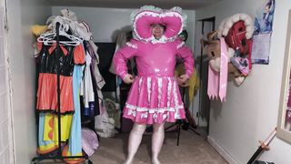 Pinkish vinyl Sissy Bonnet Sundress, Gasmask Joy with Sighing bag and Bottle