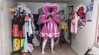 Pinkish vinyl Sissy Bonnet Sundress, Gasmask Joy with Sighing bag and Bottle