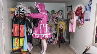 Pinkish vinyl Sissy Bonnet Sundress, Gasmask Joy with Sighing bag and Bottle