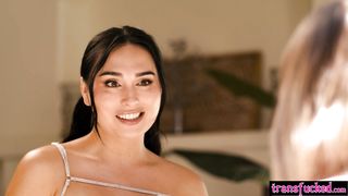 Teens gave a blowjob to big tits tranny