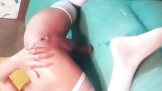 Femboy Tgirl in With Socks Finger-tickling her Bum