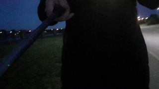 Exhbicionist in ladies's attire ambles thong-less in a public place