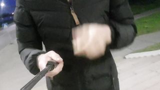 Exhbicionist in ladies's attire ambles thong-less in a public place