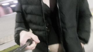 Exhbicionist in ladies's attire ambles thong-less in a public place