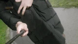 Exhbicionist in ladies's attire ambles thong-less in a public place