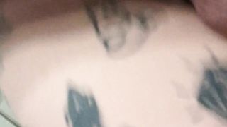 Fatty ladyboy plays with faux-cock in douche