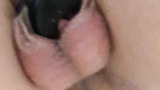 Fatty ladyboy plays with faux-cock in douche