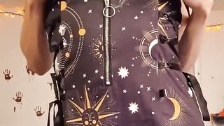 Beautiful dangled trans witch inhales herself and gets a face total of jizm!