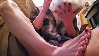 Non binary Change Slurping food with no trousers on with crimson painted toes