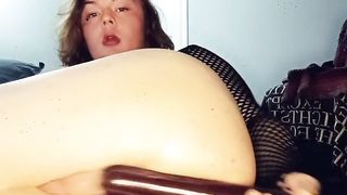 Red-haired she-male smashed by fat man sausage