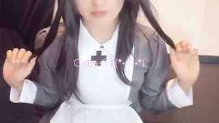 Personal shooting Flick of a black-haired nurse in cross-dressing calmly milking