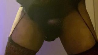 CC jerking her BIG BLACK COCK with fucktoy deep up in her