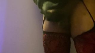 CC jerking her BIG BLACK COCK with fucktoy deep up in her