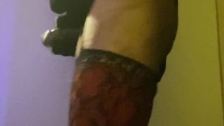 CC jerking her BIG BLACK COCK with fucktoy deep up in her