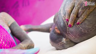 Tatted mistress in rosy Fishnet