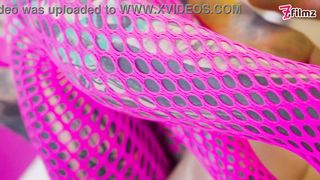 Tatted mistress in rosy Fishnet