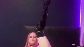 Emo Trans Nymph Dressed in Spandex Mittens and vinyl Attire Rails Tentacle And Lubricates Herself Up