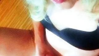 Super-cute crossdresser with succulent eyes in stockings and high stilettos is frolicking with his chisel