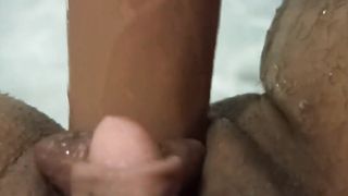 Naughty trans man FTM penetrates moist twat with realistic faux-cock underwater in the bathtub