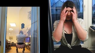 Sissy in Leggins toying with Faux-cock on balcony