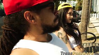 Inked tranny rides interracial cock hard in knee highs