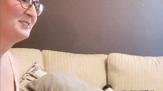 She-male cumdump gets her facehole pounded before arching over and taking ass fucking condom-free internal cumshot