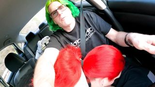 She-creature gives road head and guzzles spunk before stuffing culo ass-plug