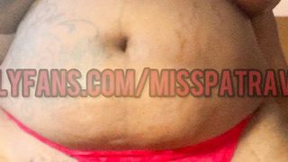 ebony plumper t-girl Patravontesse in crimson undies showcasing off her big black cock and her huge culo