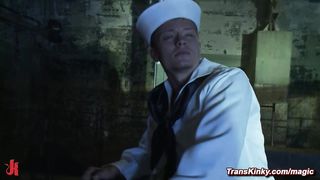 Seductive shemale siren fucks bound guy