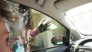 Carwash TS babes Gracie and Jayne analed by customer