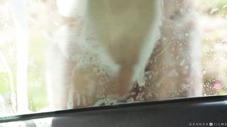 Carwash TS babes Gracie and Jayne analed by customer